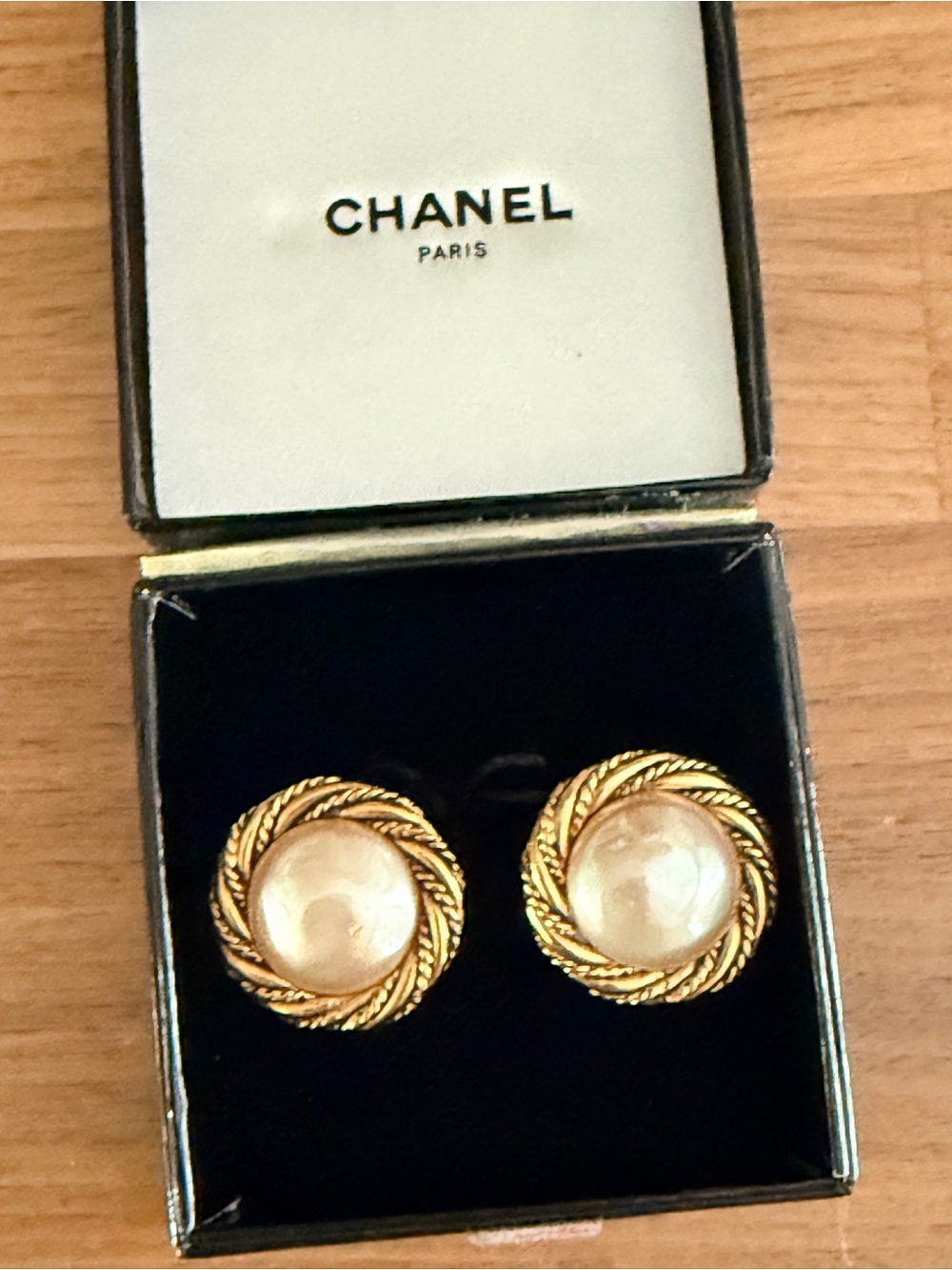 CHANEL Gold-Tone Rope Frame Earrings with Pearl Centers